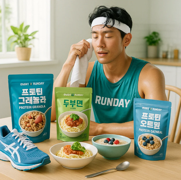 러너가 달리기 후 휴식하면서 이마트와 런데이 협업 건강식품